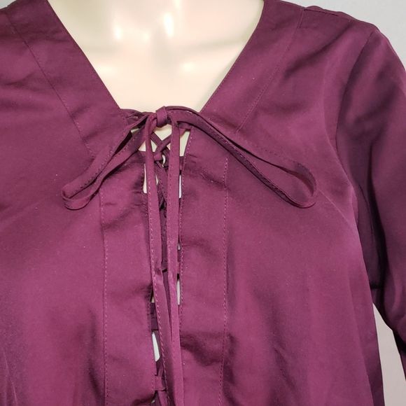 JRoberts polyester deep purple,  bell sleeves, tie up front, tunic,  sz L - Picture 3 of 6